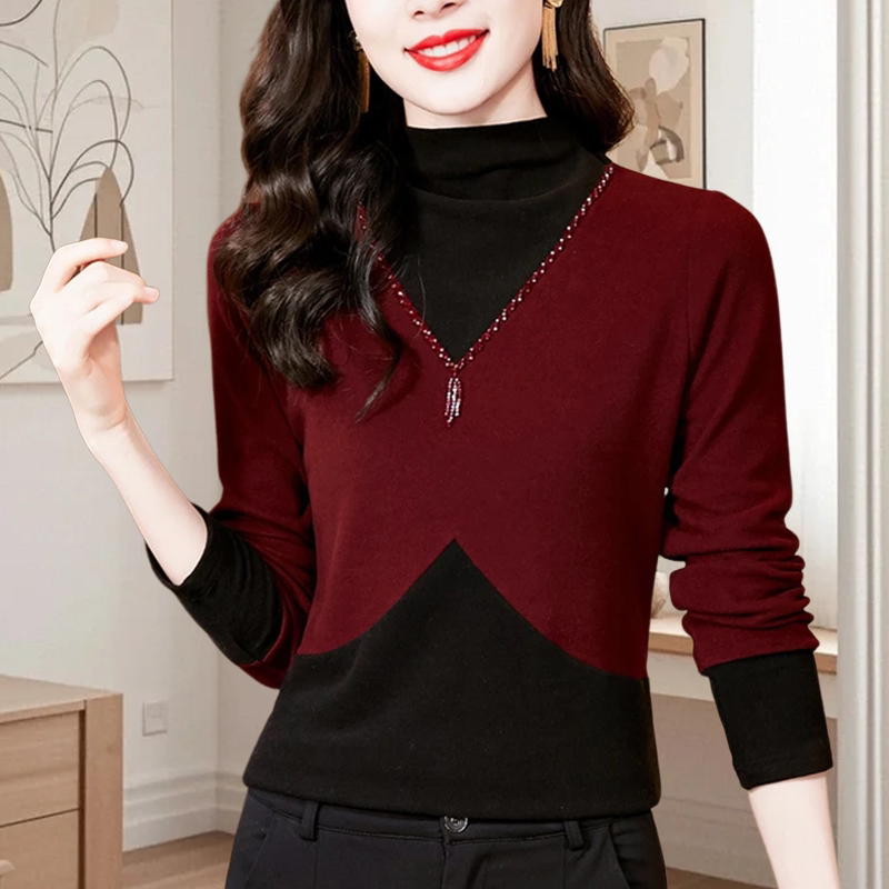 德绒拼色半高领气质假两件长袖打底衫女内搭烫钻2024秋冬新款休闲