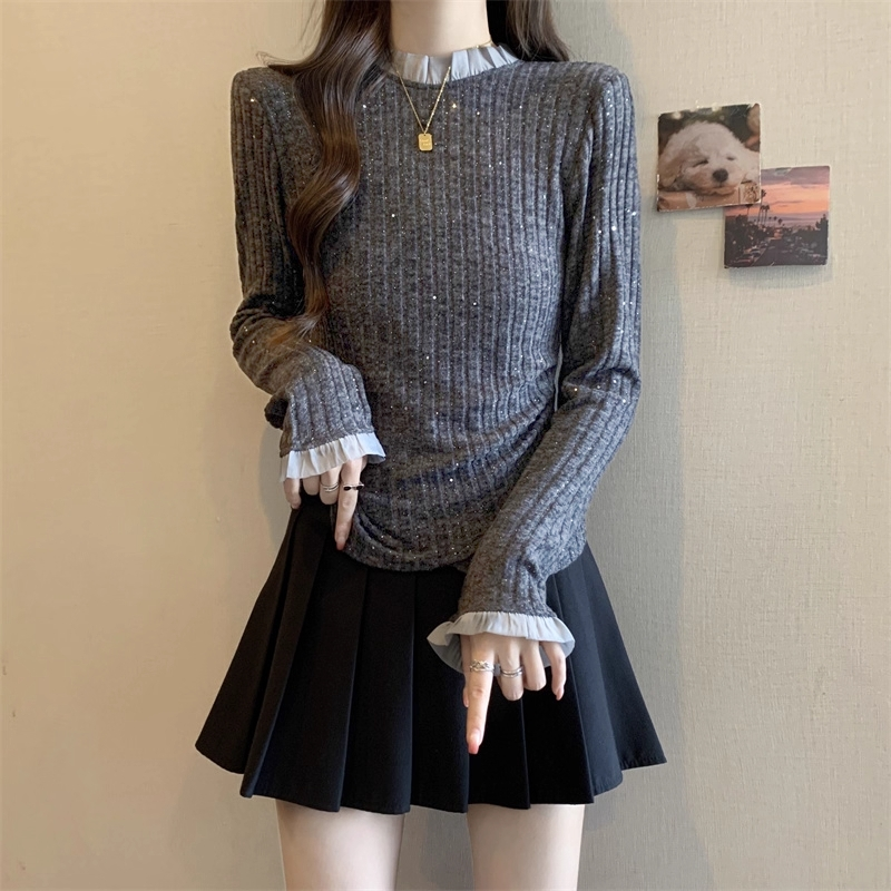 时尚蕾丝花边长袖打底衫女