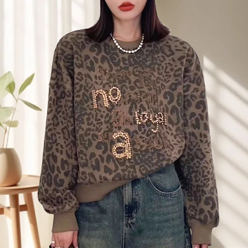 秋冬宽松卫衣女慵懒风豹纹钉珠韩版2024新款时尚百搭休闲显瘦长袖