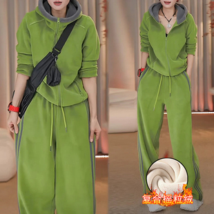 冬季加绒加厚连帽卫衣套装女时尚拉链外套阔腿裤保暖显瘦两件套装