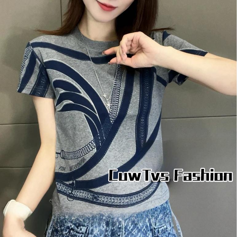 时尚线条印花优质棉短袖T恤女