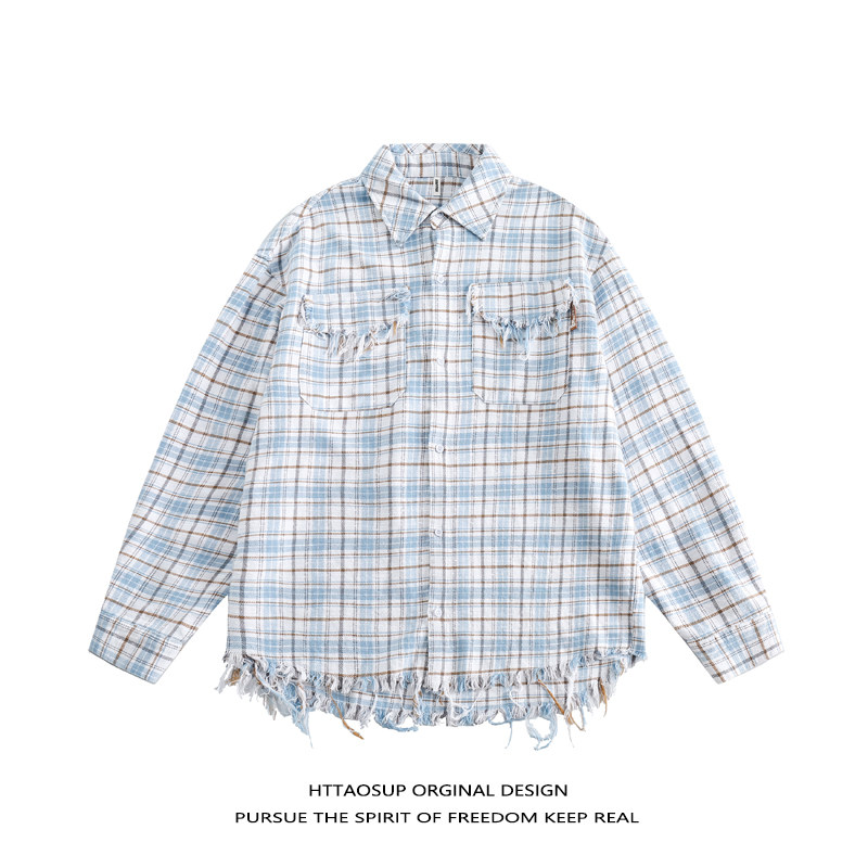 HTTAOSUP美式复古格子磨破做旧长袖衬衫男女vintage春秋情侣外套,男装,衬衫,淘宝优惠券,粉丝福利购,淘宝优惠卷