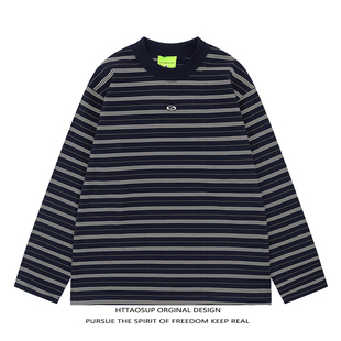 HTTAOSUP原创美式潮牌百搭休闲条纹海魂长袖T恤宽松情侣纯棉上衣