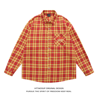 男女设计感痞帅风衬衣外套 衬衫 HTTAOSUP美式 复古撞色红黄格子长袖