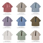 HTTAOSUP美式 学院风情侣条纹宽松衬衣 男夏季 复古格子领带短袖 衬衫