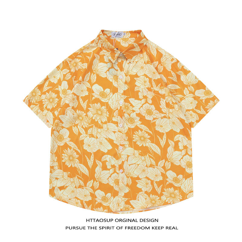 HTTAOSUP港风复古花卉满印短袖衬衫男女夏季潮牌宽松百搭情侣衬衣