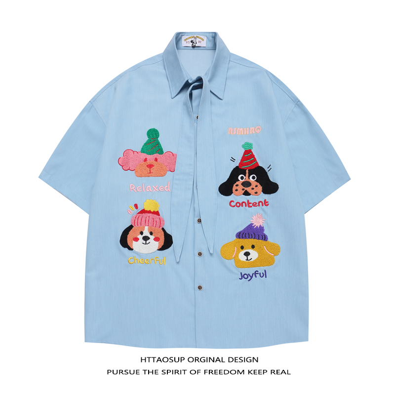 日系复古趣味卡通刺绣短袖衬衫男