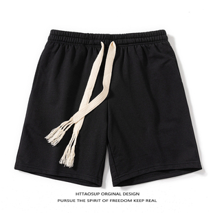 男女潮牌街头宽松阔腿五分卫裤 HTTAOSUP夏季 纯色编织抽绳运动短裤
