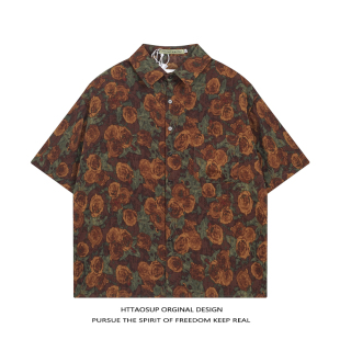 衬衫 复古潮牌设计感花卉满印短袖 男女高级感上衣 美式 HTTAOSUP夏季