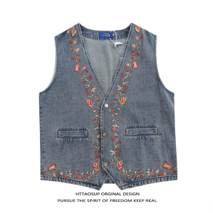 HTTAOSUP秋季新款小碎花刺绣复古水洗做旧马甲古着风百搭坎肩马夹