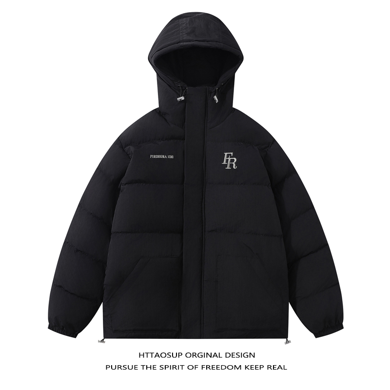 美式复古字母刺绣连帽棉衣男女