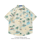 HTTAOSUP椰子树海边沙滩印花夏威夷衬衫 衬衣 男宽松休闲度假风短袖