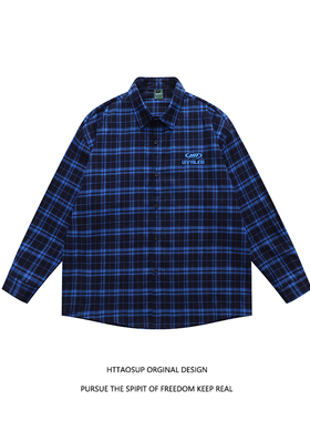 HTTAOSUP蓝色格子衬衫 松弛感宽松美式复古简约小刺绣长袖薄外套