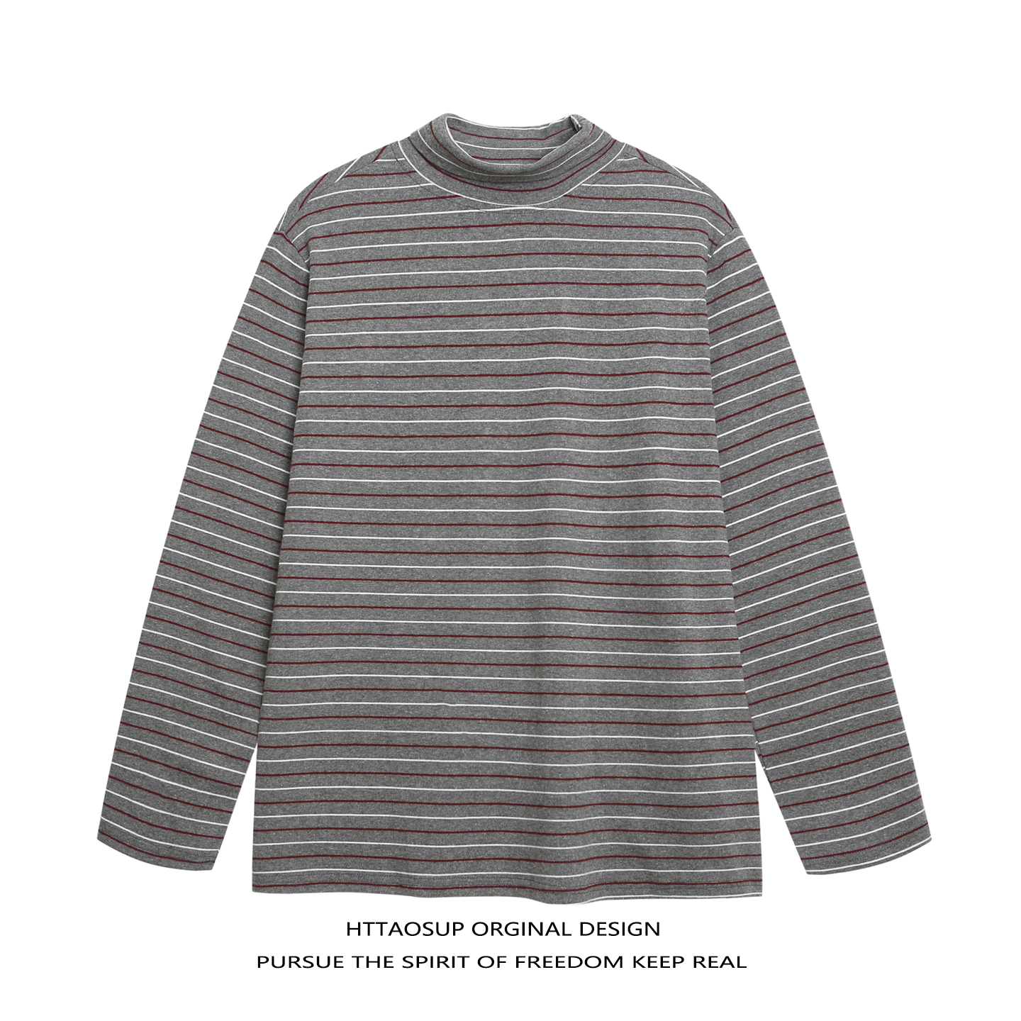 美式复古条纹高领长袖T恤男女