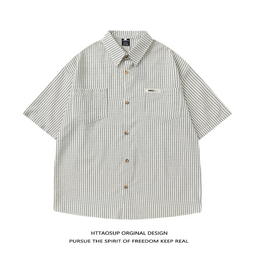 日系竖条纹短袖衬衫男夏季宽松