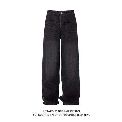 美式高街做旧黑色阔腿牛仔裤