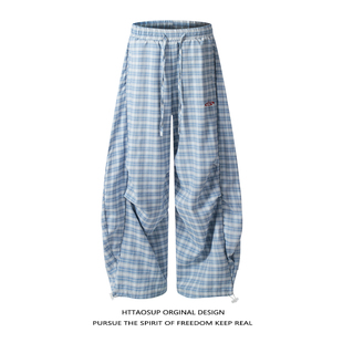 HTTAOSUP美式复古蓝色弯刀格子裤男女春夏季宽松慵懒风阔腿休闲裤
