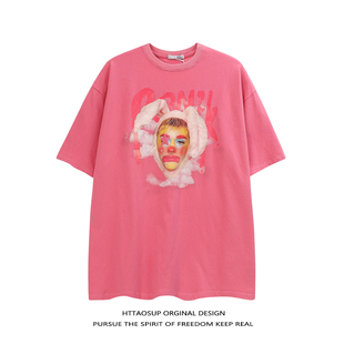 HTTAOSUP印花小丑粉色短袖 做旧情侣夏季 半袖 上衣 男女宽松t恤美式