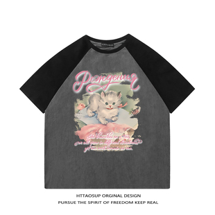 HTTAOSUP可爱猫咪印花插肩短袖 甜美小众百搭麂皮绒体恤 T恤女夏季