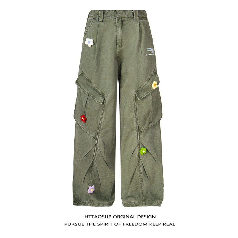 HTTAOSUP复古多口袋直筒工装裤男女美式潮牌百搭宽松花刺绣伞兵裤,男装,休闲裤,淘宝优惠券,粉丝福利购,淘宝优惠卷
