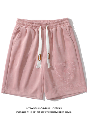 HTTAOSUP美式荆棘刺绣鹿皮绒粉色休闲短裤男夏季宽松百搭五分中裤