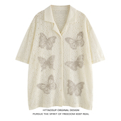 HTTAOSUP米杏色蝴蝶ins 翻领宽松百搭情侣夏季 日系个性 设计感衬衫