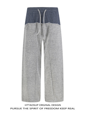 HTTAOSUP慵懒松弛格子拼接灰色阔腿弯刀卫裤宽松垂坠感男女休闲裤
