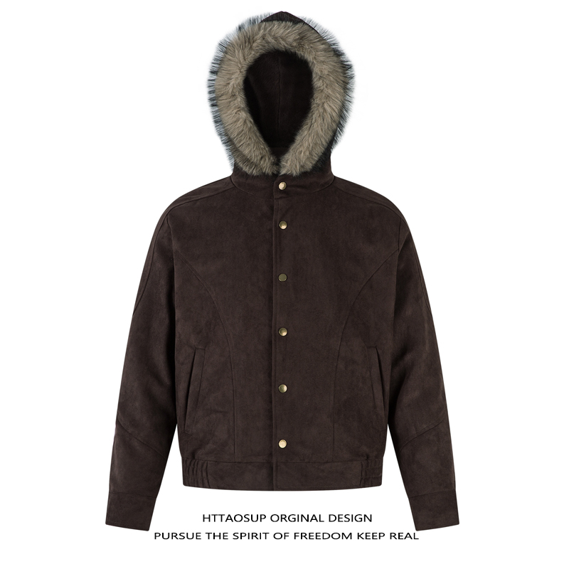 潮牌复古座山雕毛绒连帽棉服男冬