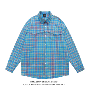 潮牌宽松百搭上衣休闲翻领衬衣 衬衫 HTTAOSUP复古衬衫 男女情侣长袖
