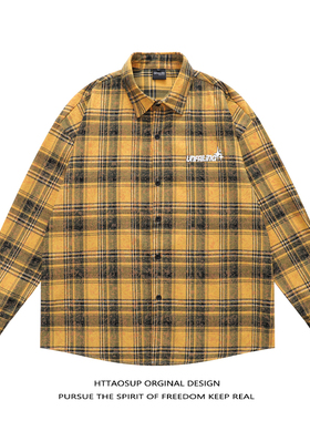 HTTAOSUP衬衫黄黑色格子上衣潮牌美式复古休闲情侣长袖外套男女