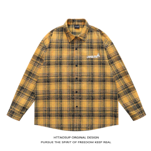 HTTAOSUP衬衫黄黑色格子上衣潮牌美式复古休闲情侣长袖外套男女