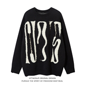 HTTAOSUP秋冬hiphop字母圆领个性 破洞毛衣复古男女宽松休闲针织衫