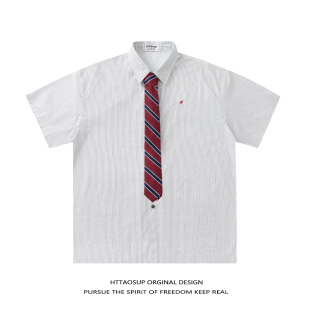 男小众刺绣短袖 衬衫 休闲衬衣 复古领带条纹学院风短袖 HTTAOSUP美式