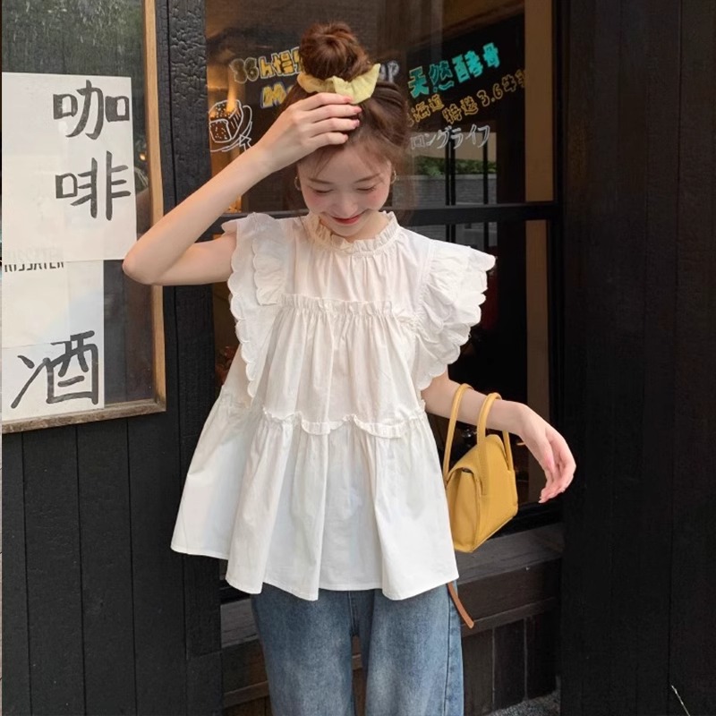 法式甜美荷叶边小飞袖白色衬衫女