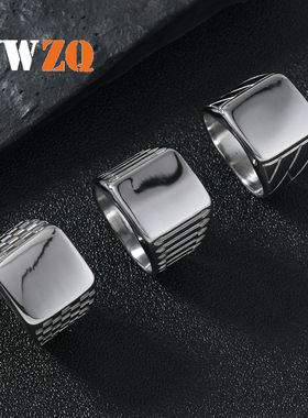 跨境欧美不锈钢戒指铸造方形表带戒指简约光面指环男士饰品批发