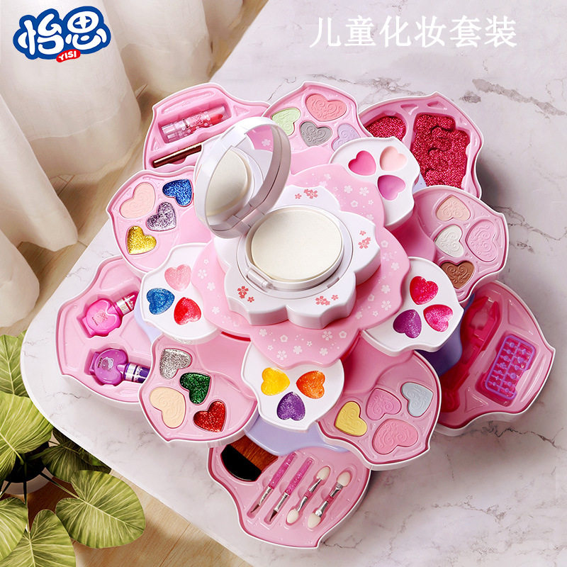 儿童眼影盘玩具小孩化妆品套装可水洗花瓣旋转化妆盒仿真化妆眉笔