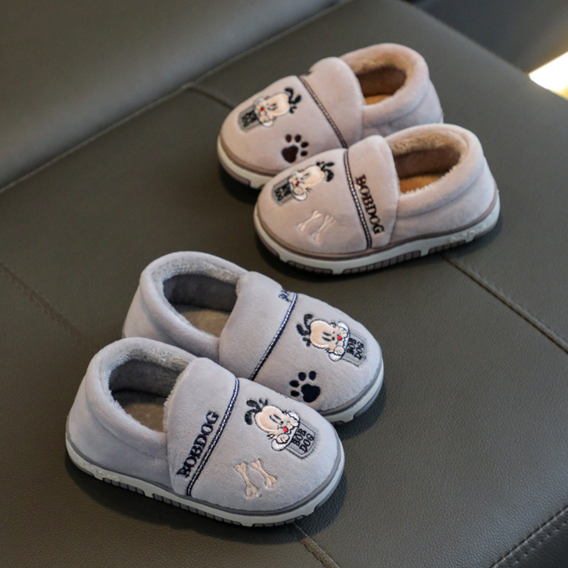 卡通室内厚底防滑包跟毛毛鞋保暖巴布豆冬季童鞋儿童棉鞋家居家用