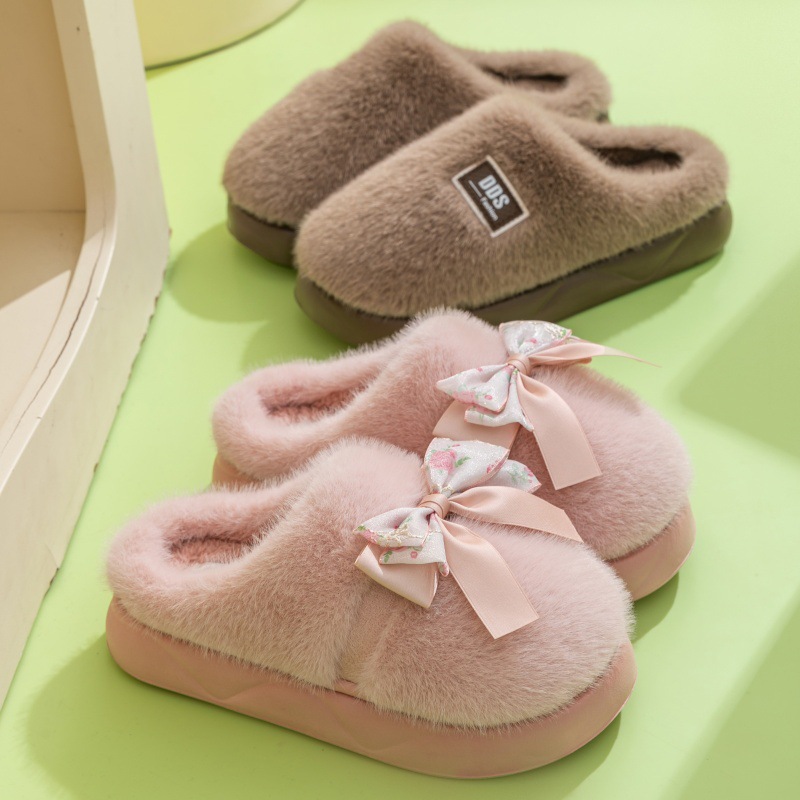 蝴蝶结毛毛拖鞋秋冬季保暖厚底