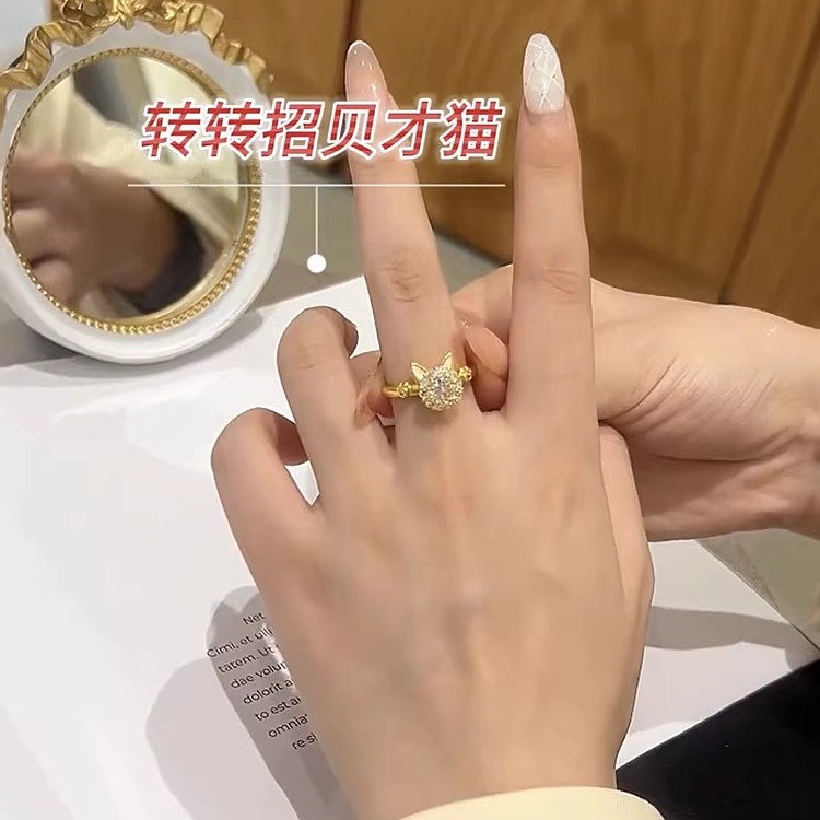 轻奢高级感转转招财猫可旋转开口戒指女小众设计感时尚个性食指戒
