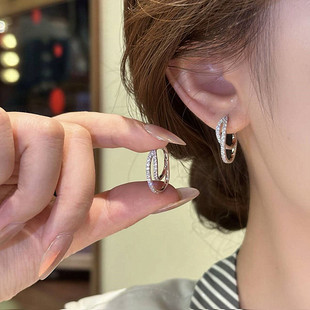 s925银针耳饰银色双层交叉锆石耳扣女轻奢高级感时尚 气质百搭耳环