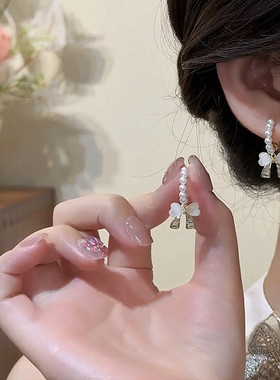 925银针猫眼石蝴蝶结珍珠C圈耳环轻奢小众设计感时尚气质百搭耳环