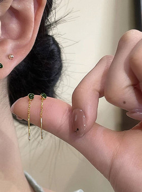 s925银针耳饰绿色滴釉耳线轻奢小众高级感时尚气质百搭养耳洞耳环