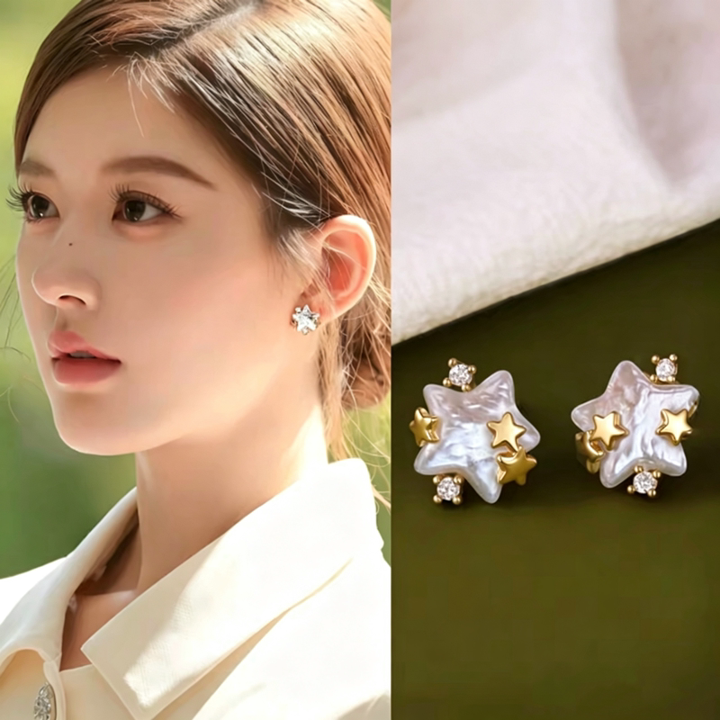 赵露思同款金色星星珍珠耳钉女