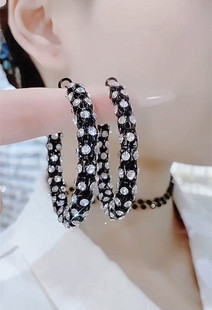 高级感黑色闪钻圆圈耳环女时尚夸张个性大耳圈轻奢气质显脸瘦耳饰