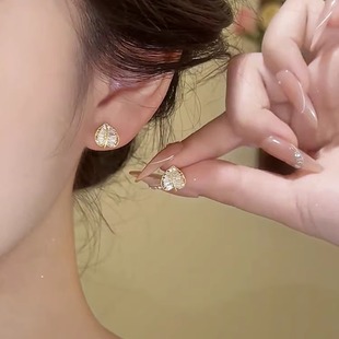 s925银针耳饰金色锆石树叶耳钉女轻奢小众设计感时尚气质百搭耳环