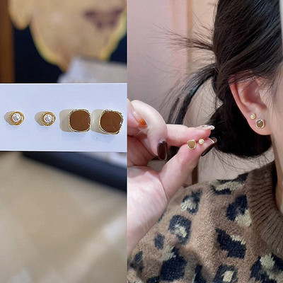 美拉德咖色方形珠珠耳钉四件套