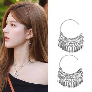 赵露思同款银色水滴流苏耳挂耳环女轻奢小众设计高级感民族风耳饰