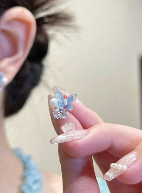 s925银针耳饰蓝色蝴蝶珍珠耳钉轻奢小众高级感精致时尚气质耳环女