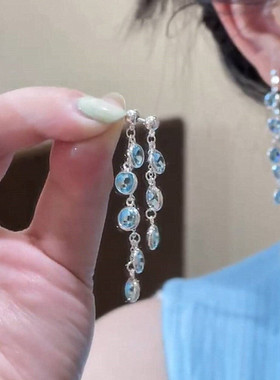 s925银针耳饰蓝色水晶流苏耳钉轻奢小众高级感两戴时尚气质耳环女