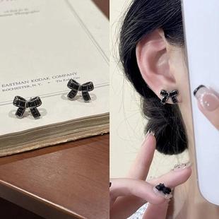 s925银针耳饰黑色锆石蝴蝶结耳钉轻奢小众设计感简约小巧气质耳环
